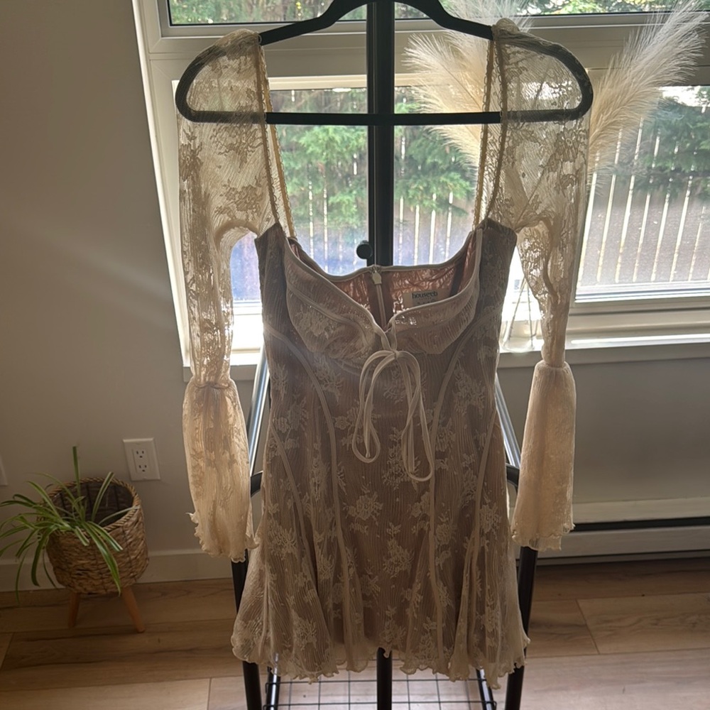 House of CB Lace Dress with Sheer Sleeves in Cream
